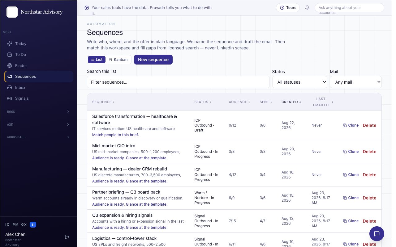 Pravadh Sequences: a multi-step, multi-channel outreach sequence builder
